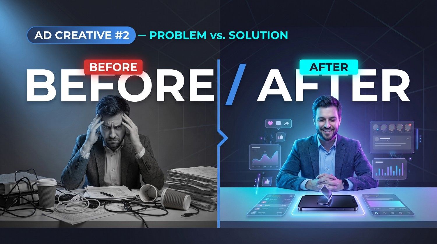 Split-screen "problem vs. solution" comparison