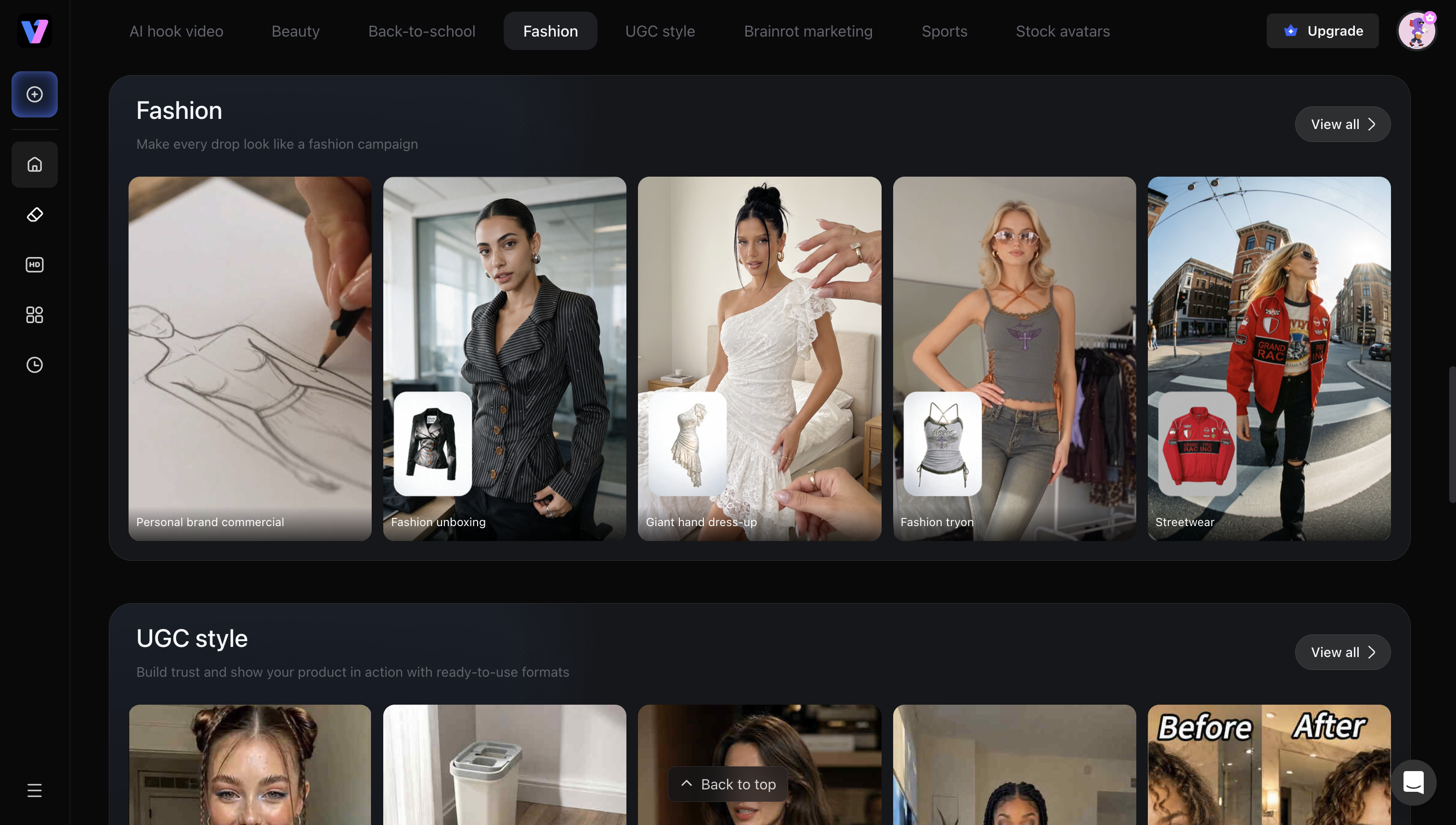 Vmake Labs AI product video generator page for fashion ecommerce
