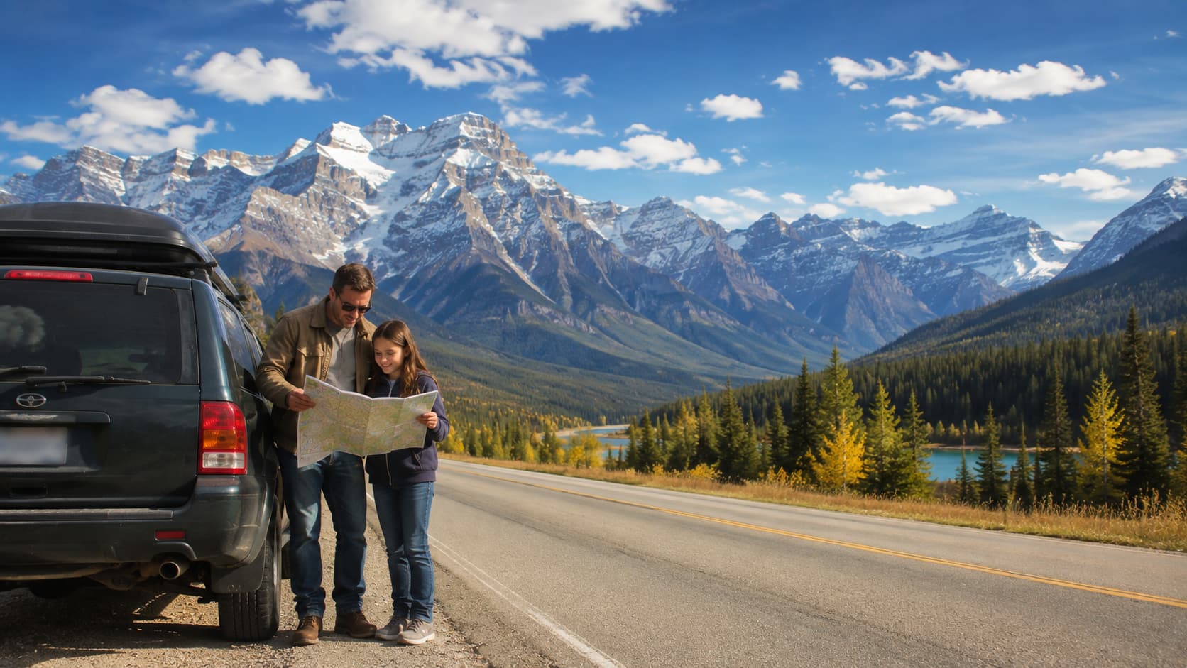 Father and daughter walking down the road