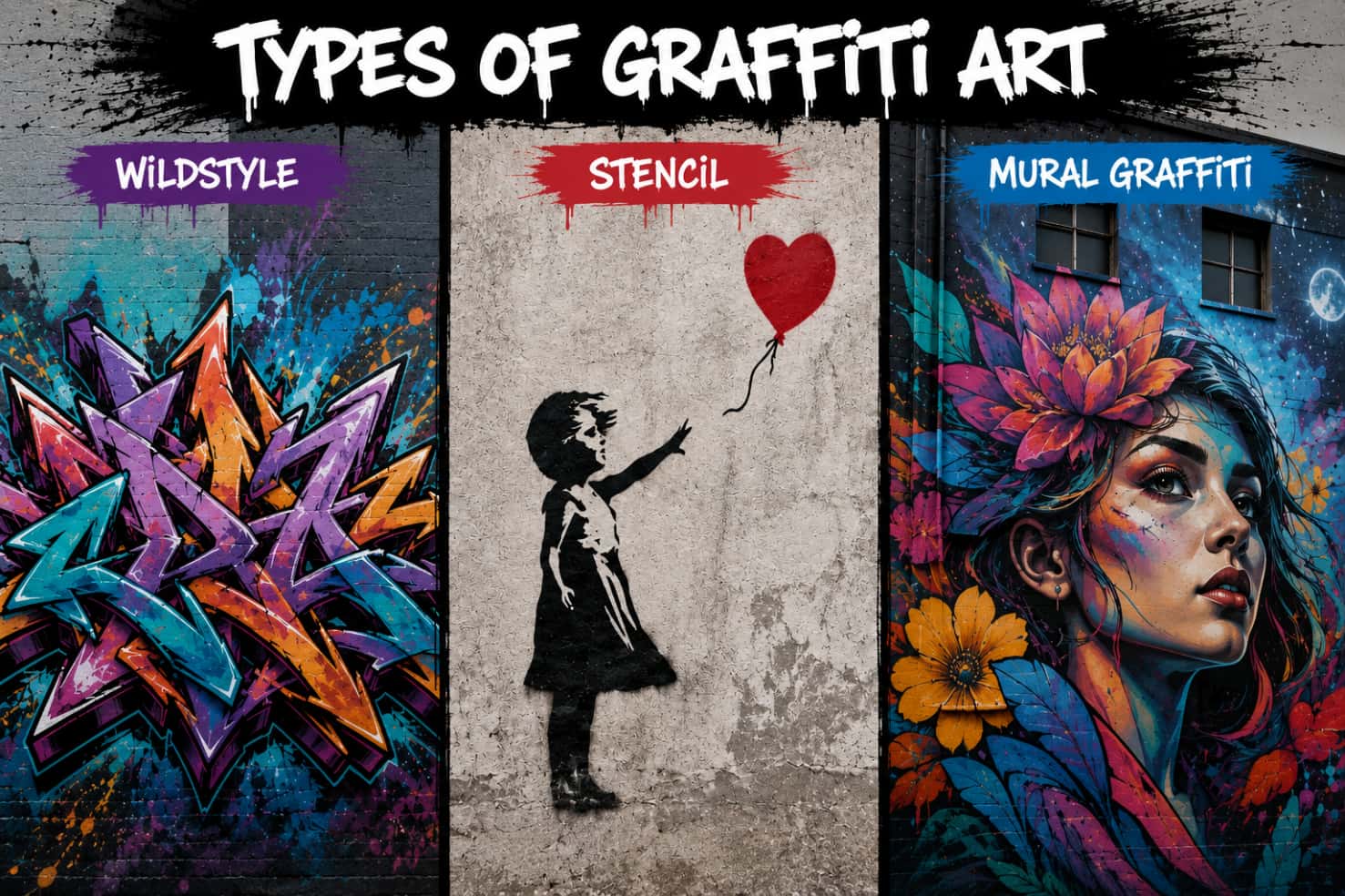 Wildstyle, stencil, and mural graffiti