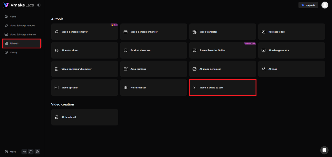 text Select "Video & audio to text" tool