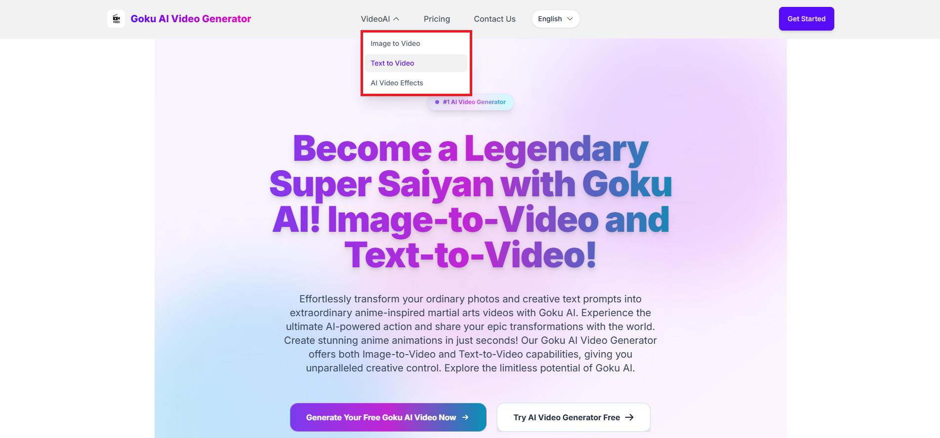 Access Goku AI video generator interface