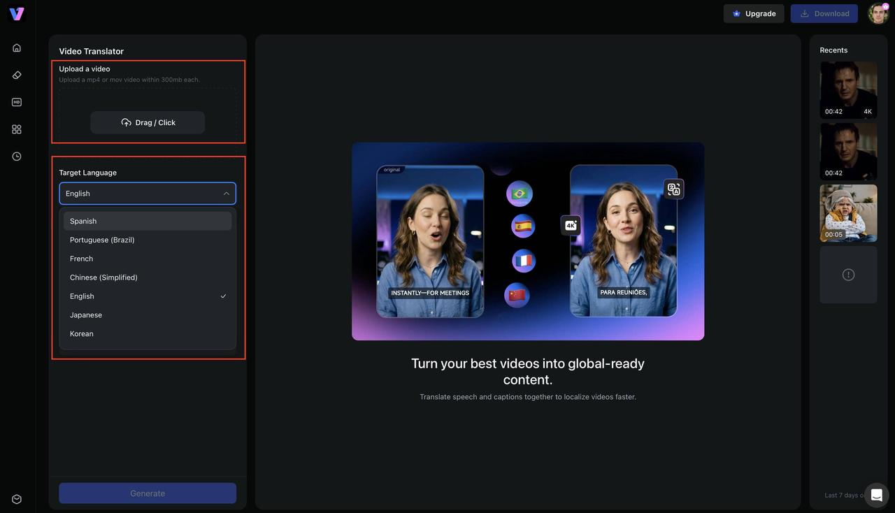 Upload your video and choose the target language
