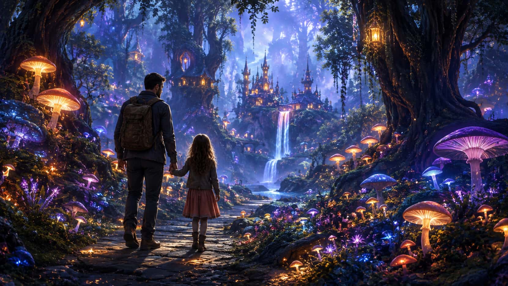 Father and daughter in fairy tale forest