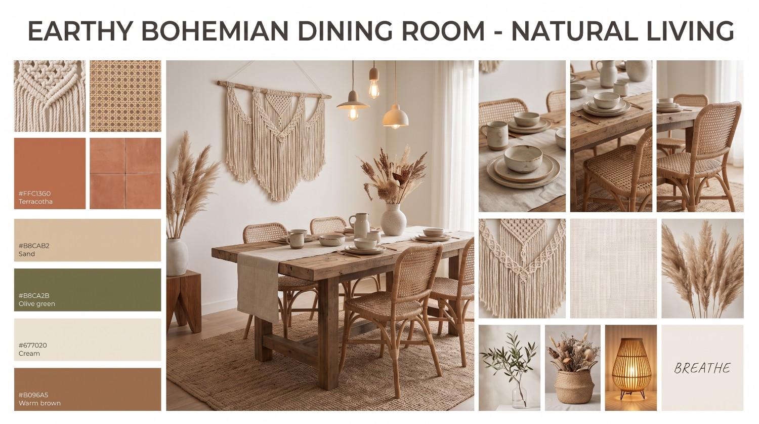 text Earthy Bohemian dining room mood board