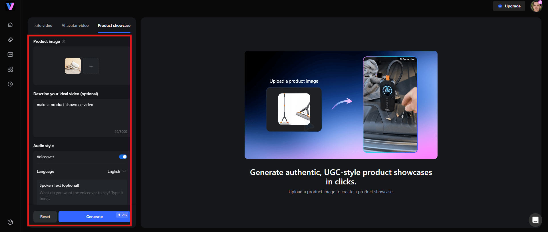 Upload product image and generate