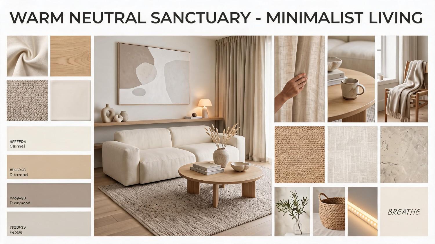 text Minimalist neutral living room mood board