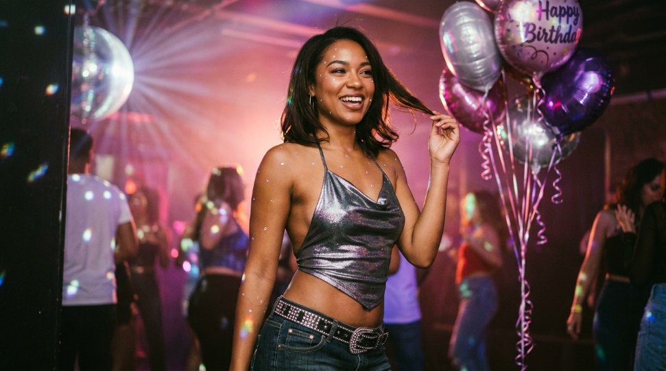 Y2K-style disco birthday portrait