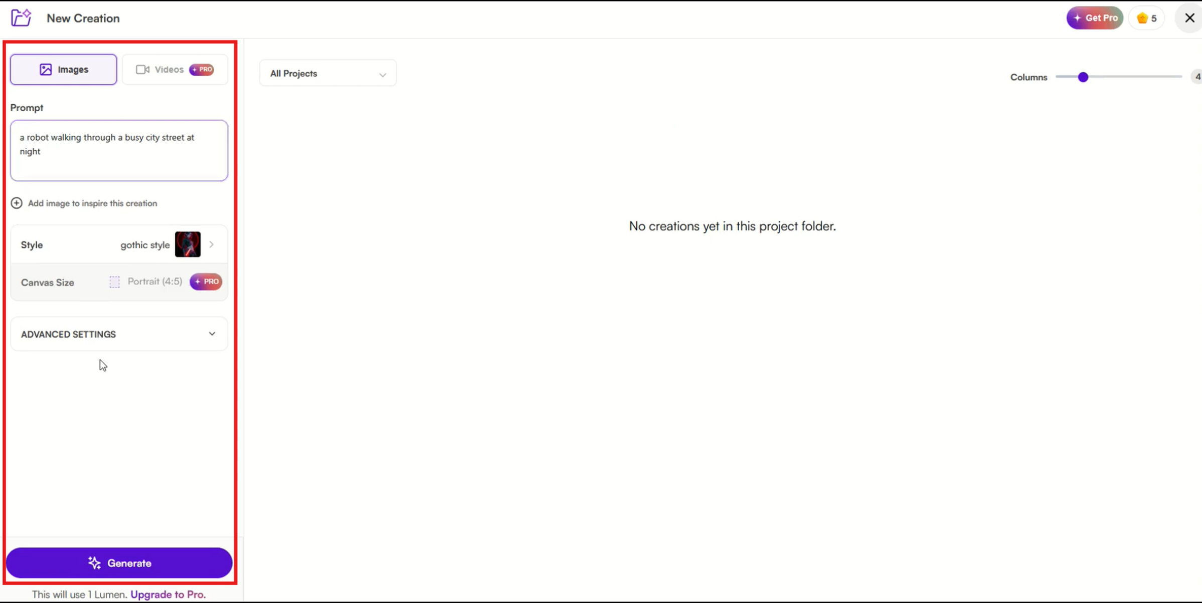 Enter your prompt and choose your settings