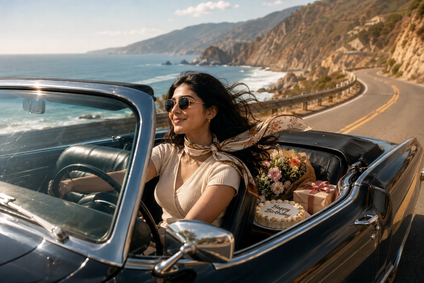 Birthday road trip convertible shot