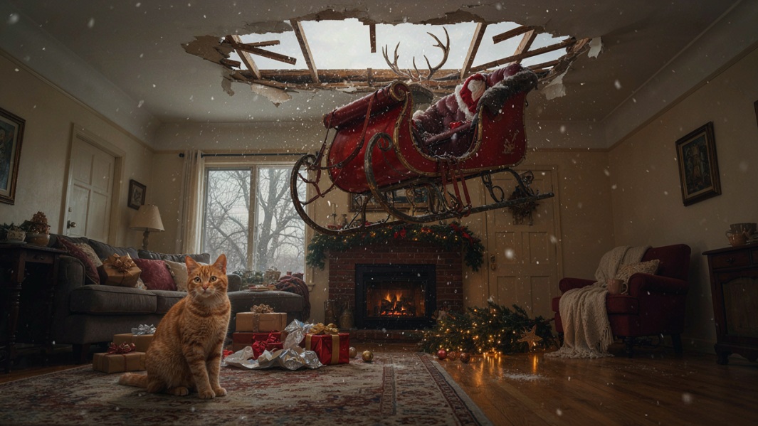 Santa's sleigh crashing through the ceiling