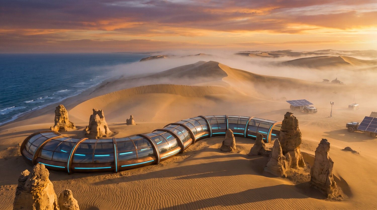 text Futuristic coastal desert landscape