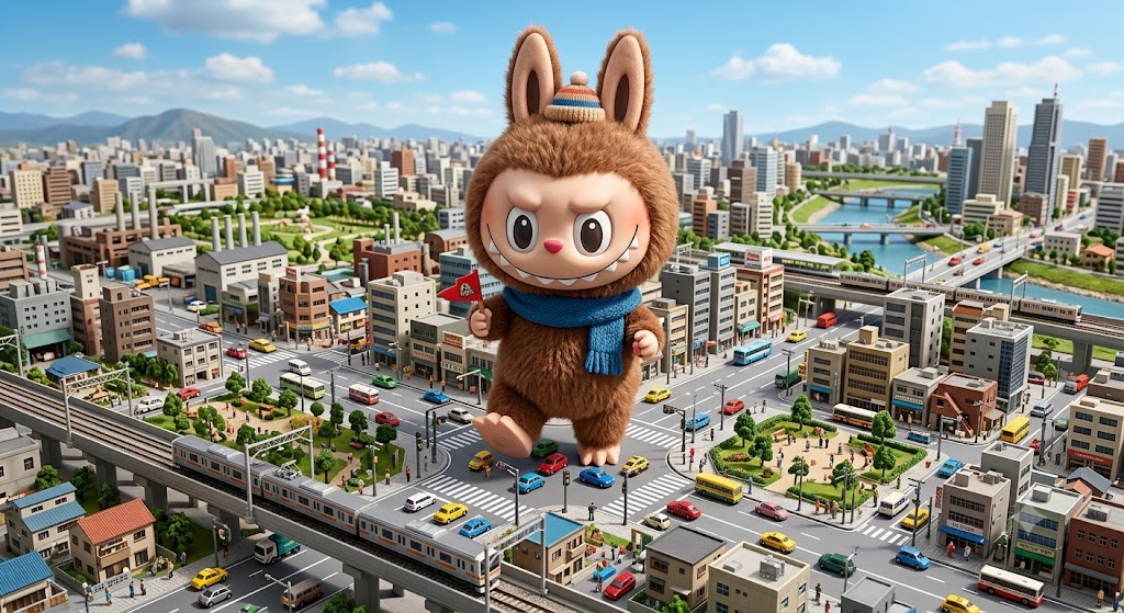 Giant Labubu in a tiny city