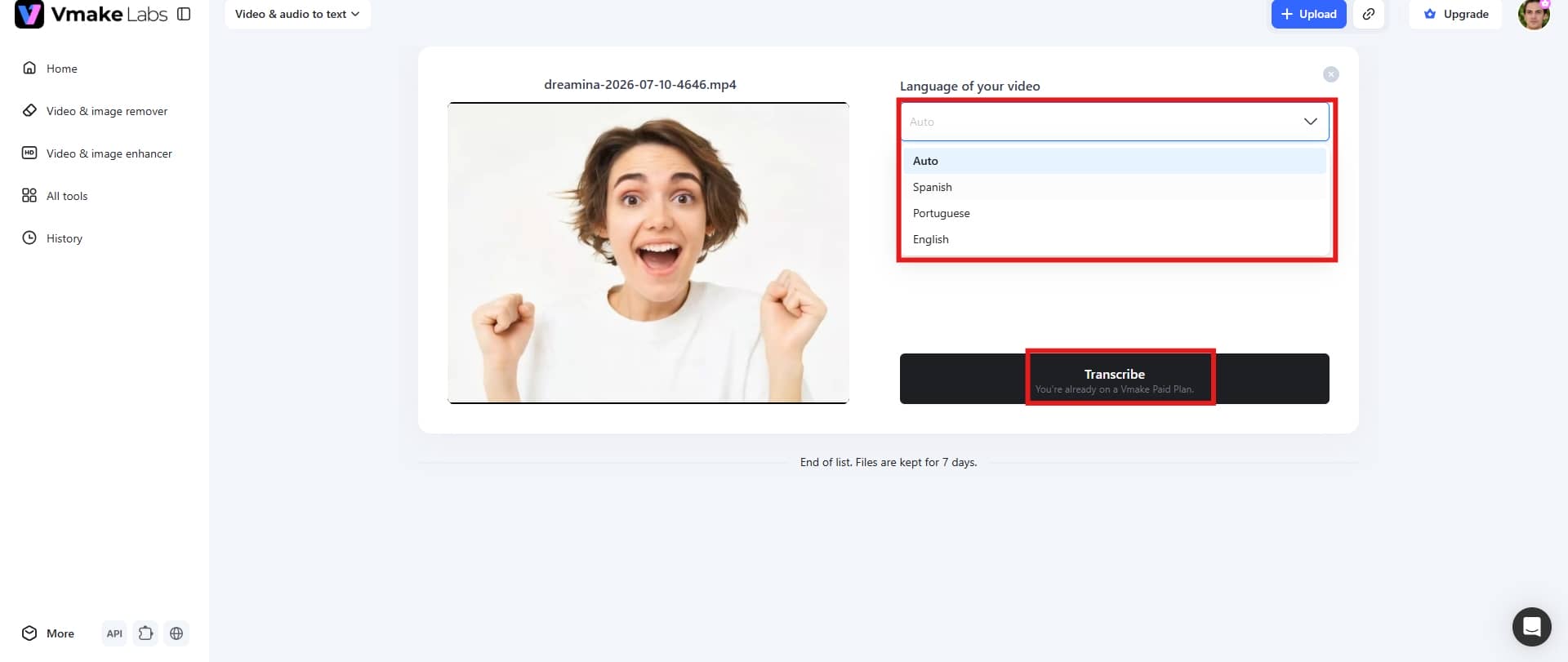 text choose the language and transcribe