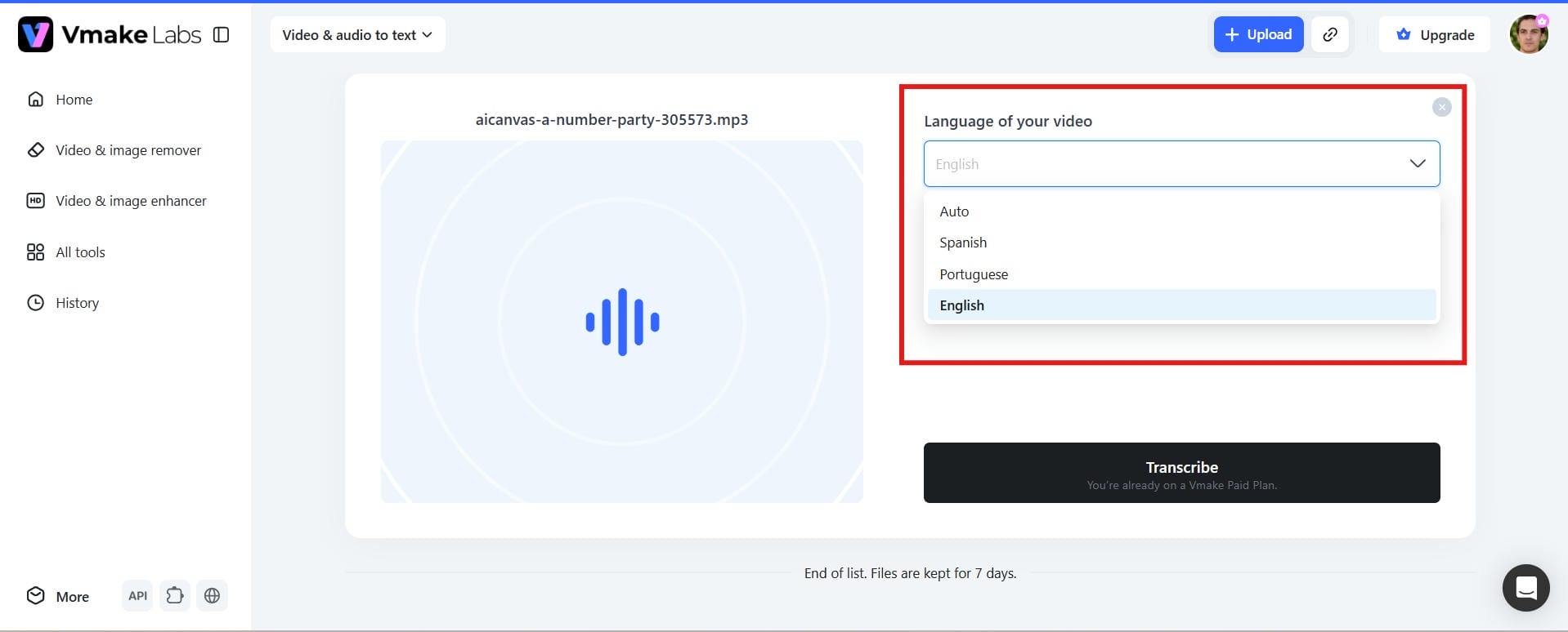 text Choose the language and transcription settings