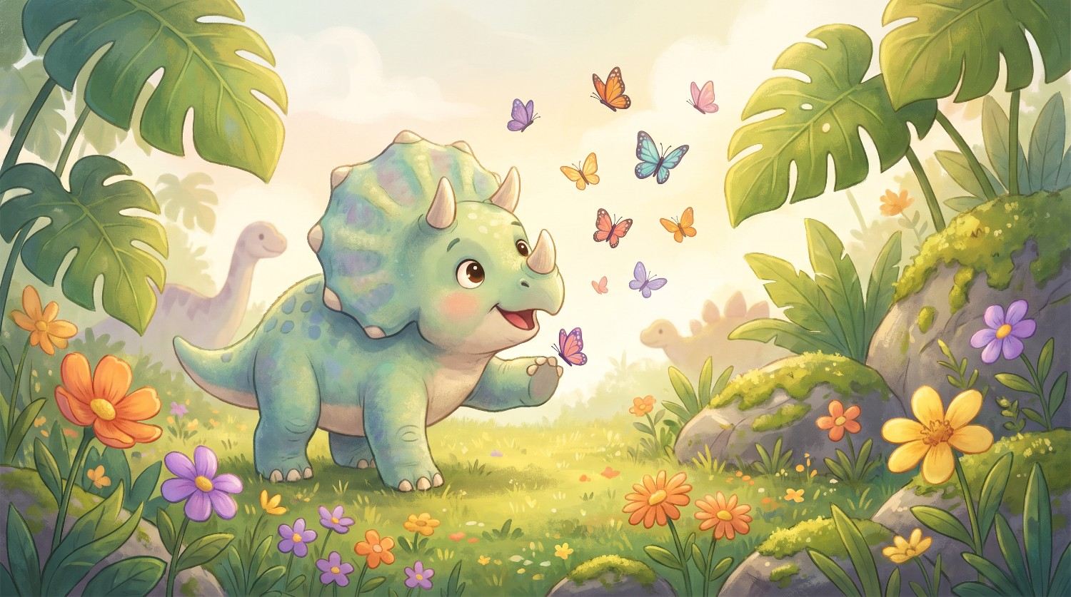 Baby dinosaur in a playful environment