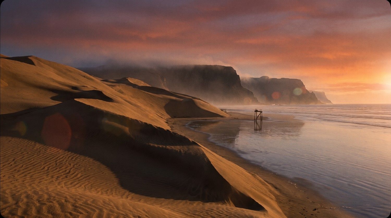 text Cinematic coastal desert at sunset