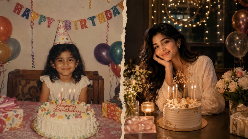 Then-and-now childhood-to-adult birthday collage