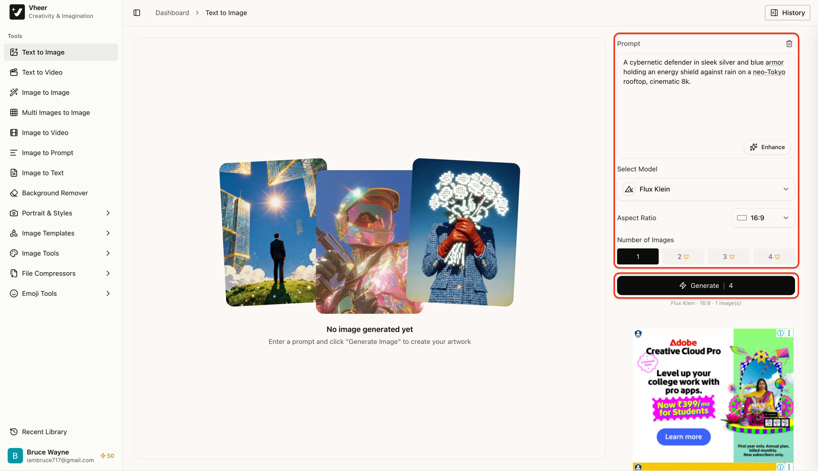 text Step 2: Enter your prompt and adjust available settings
