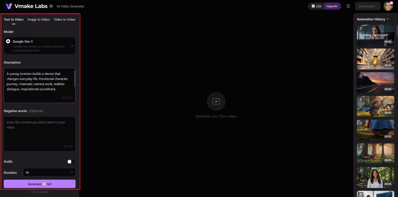 Select Google Veo 3 Option and Enter Your Veo 3 Prompt
