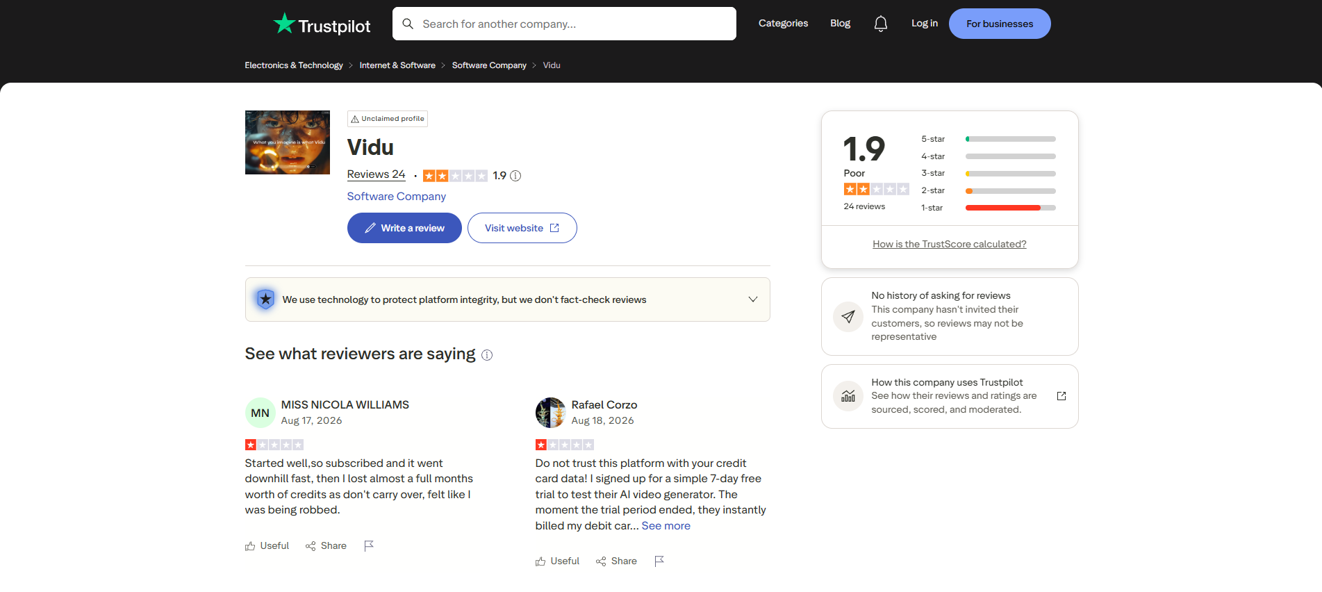 text Vidu on Trustpilot