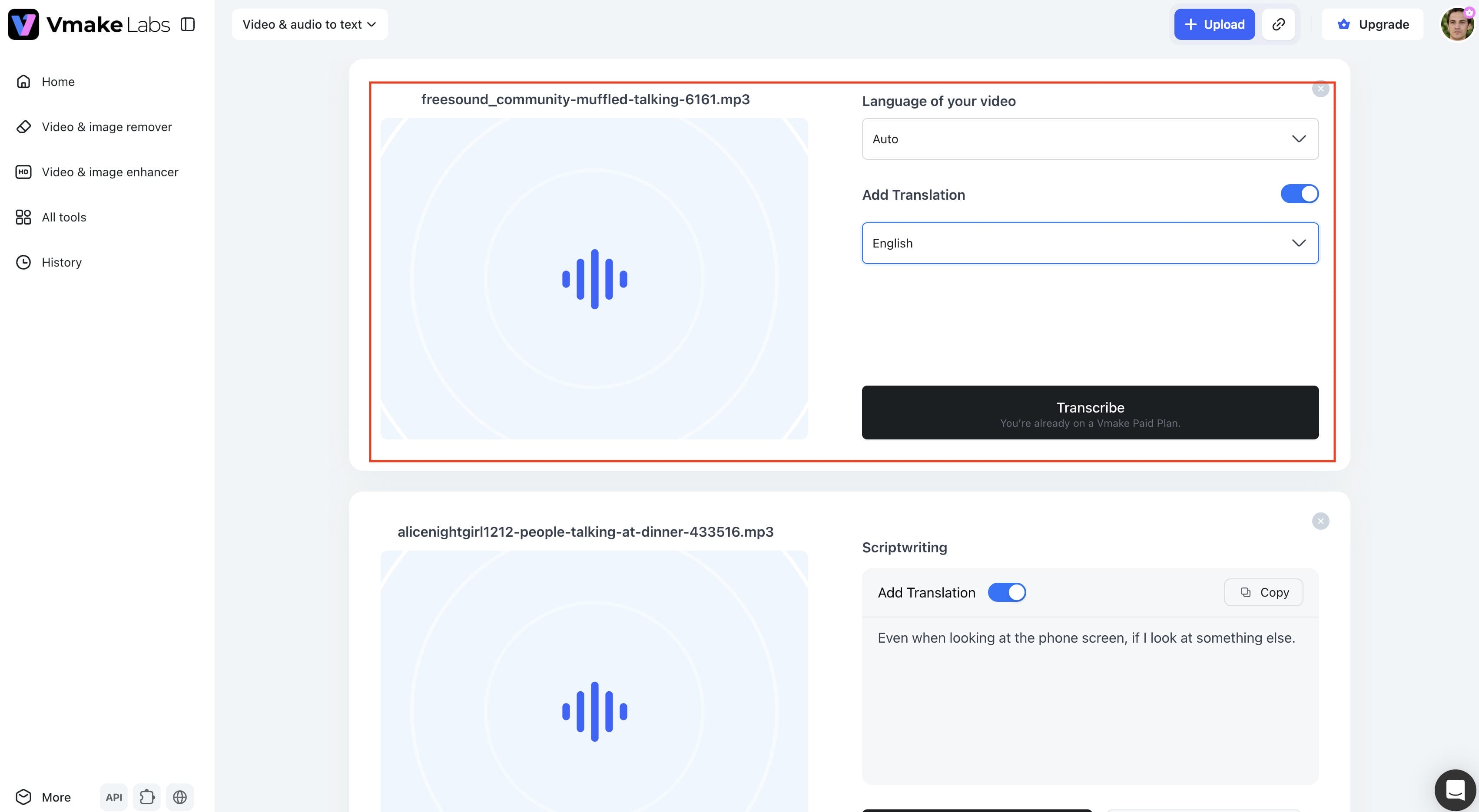 text Select the transcription language and settings