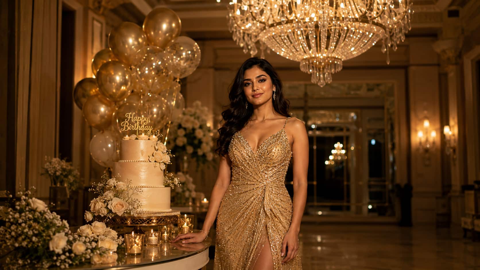 Gold chandelier luxury venue portrait