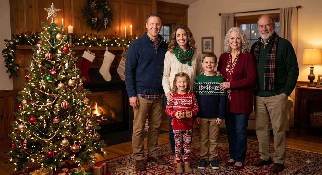 text Traditional Christmas card-style family photo