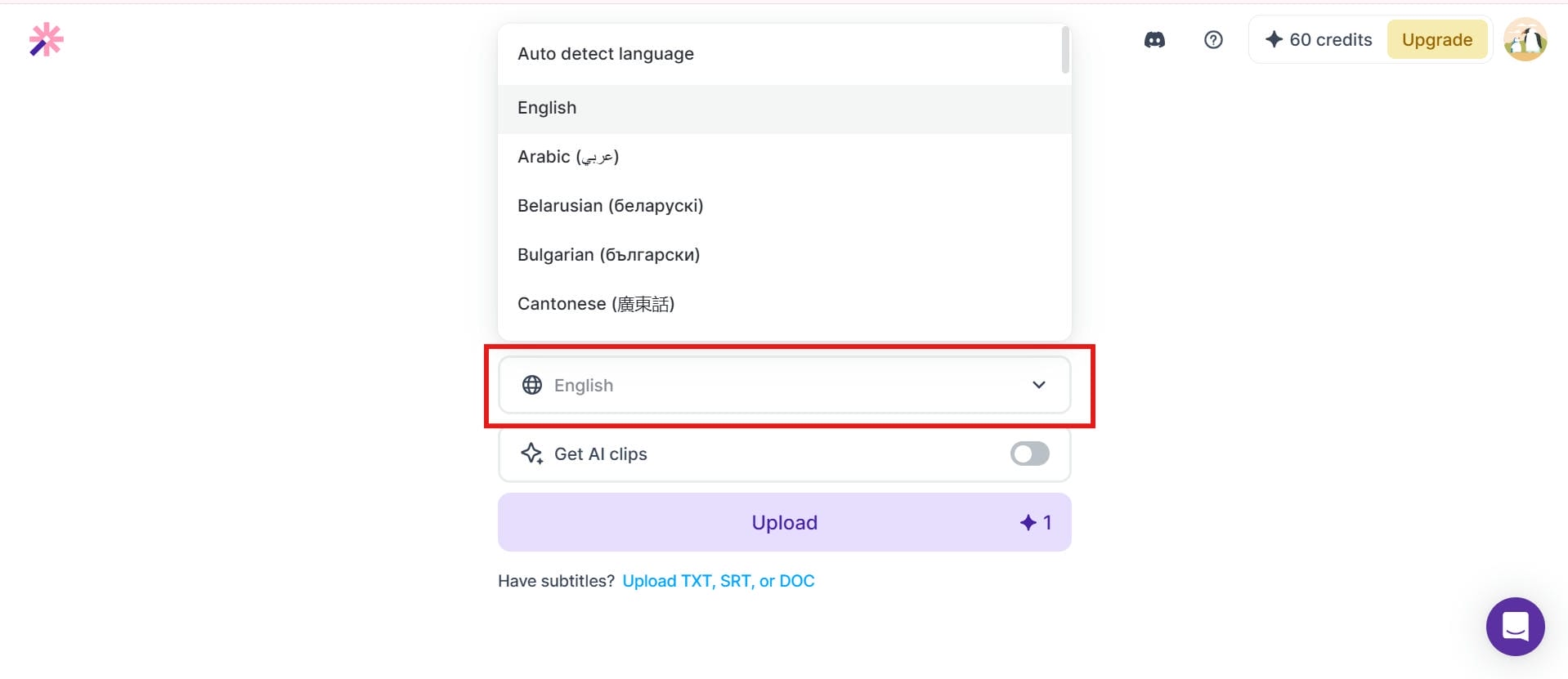 Select the transcription language