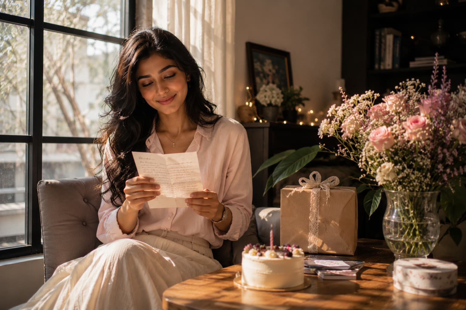 Handwritten birthday letter by the window