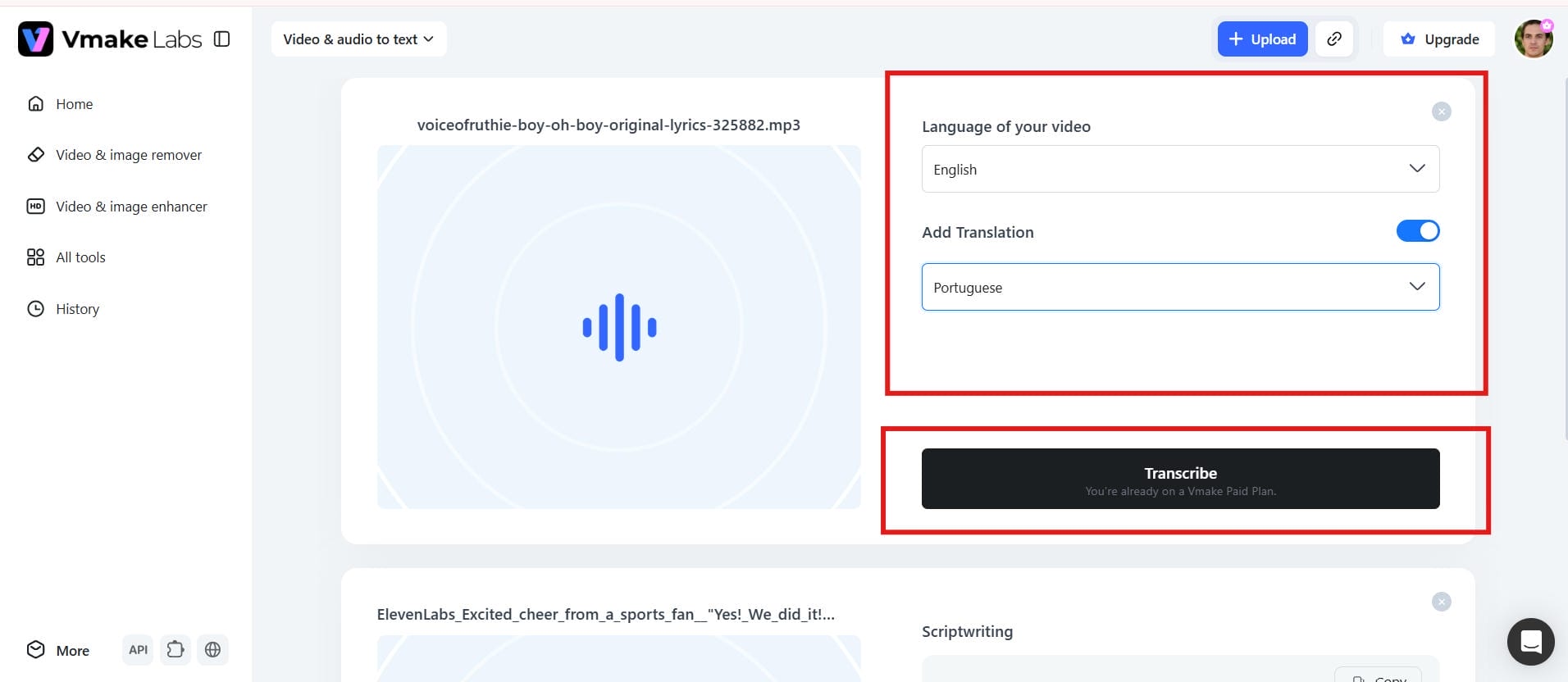 Select the language and start transcription