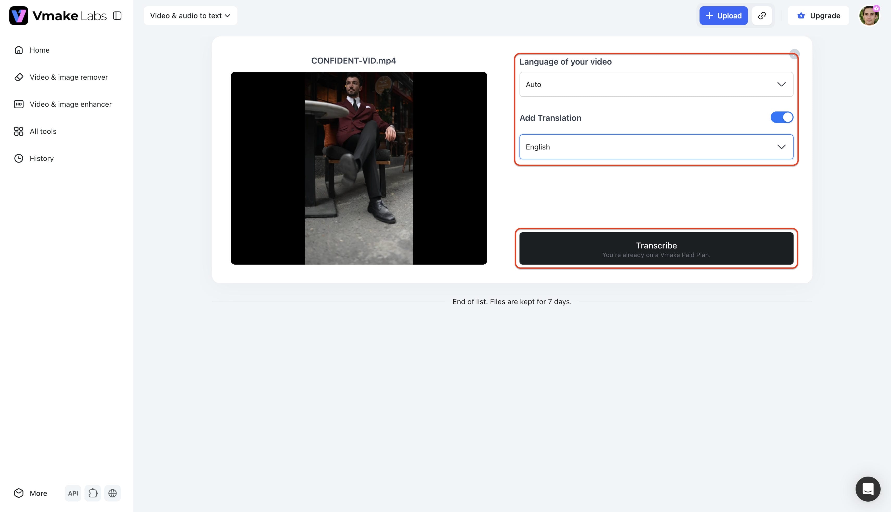 configure lang settings and hit the transcribe button
