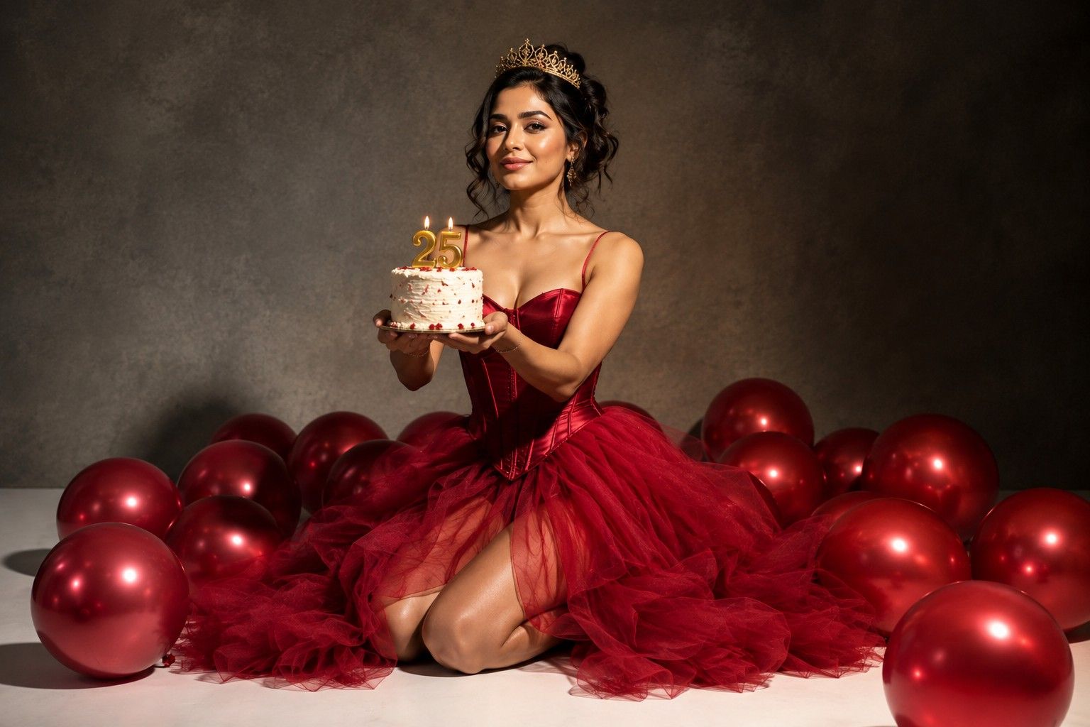 Red satin birthday princess with balloons