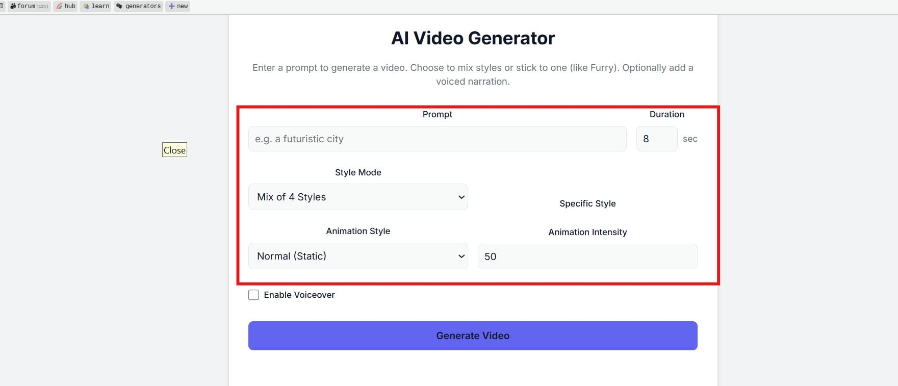 Entering prompts, adjusting style, and generation parameters for video creation 