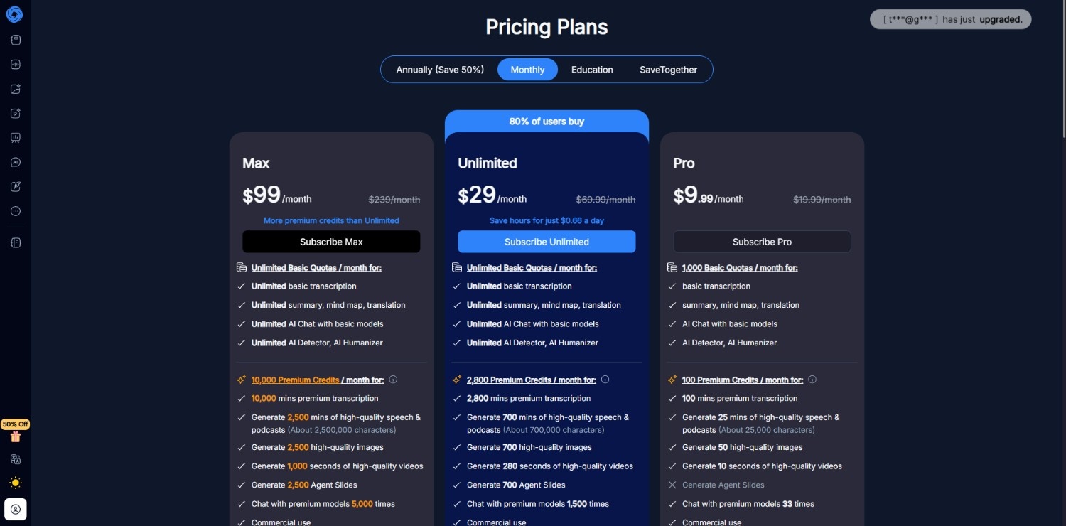 text NoteGPT's pricing tiers