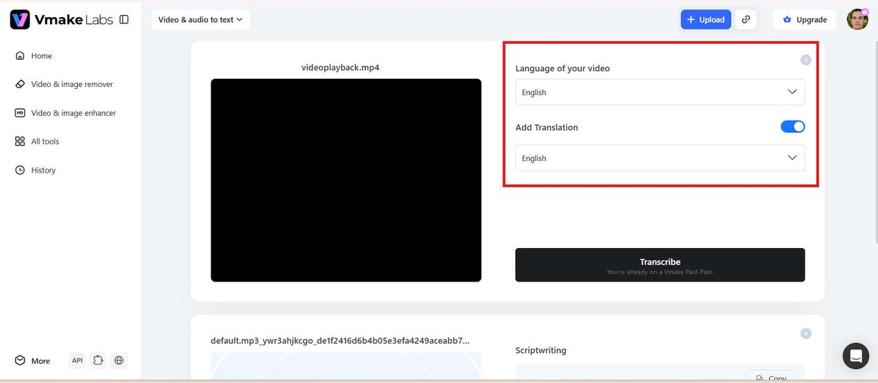 text Select the transcription language
