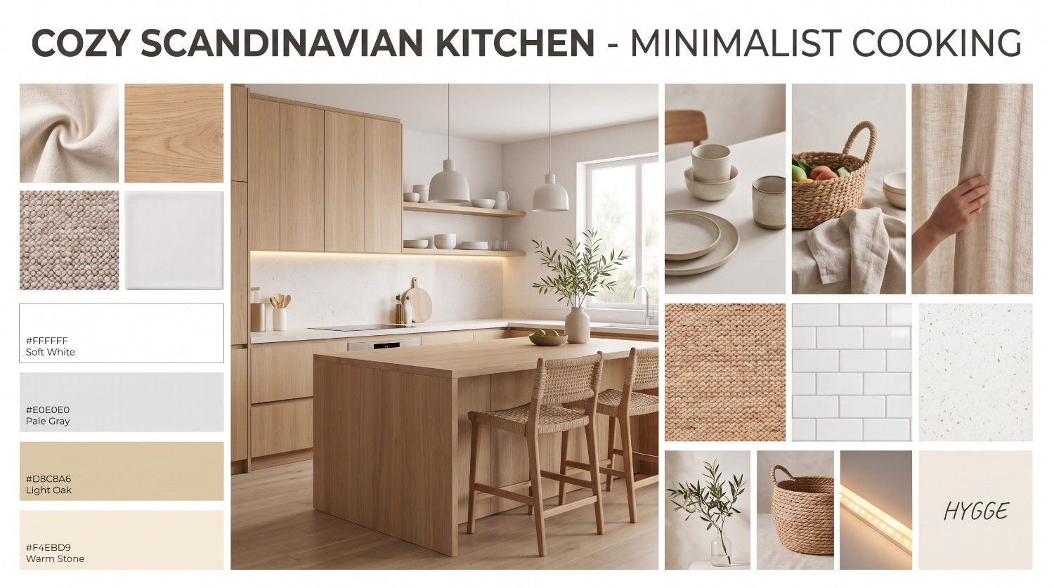 text Cozy Scandinavian kitchen mood board for interior design