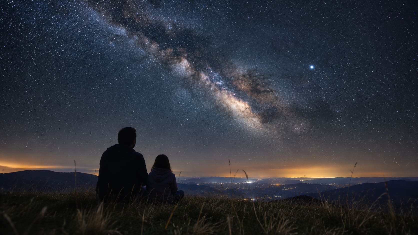 Father and daughter looking at the stars
