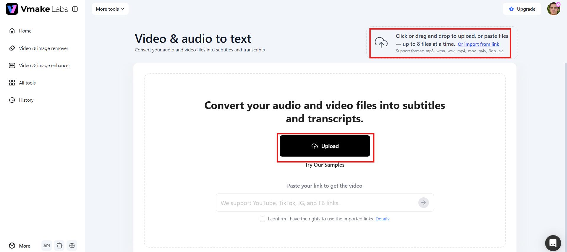 text Upload file or link