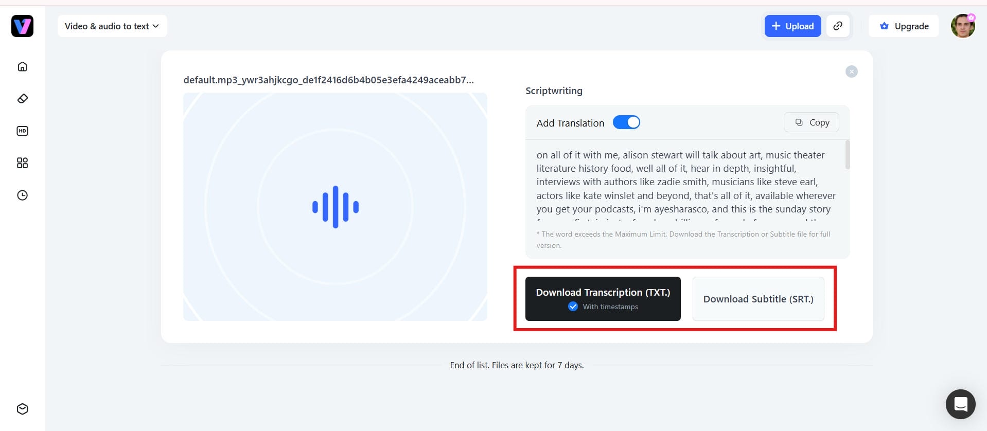 text Generate, review, and export the transcript