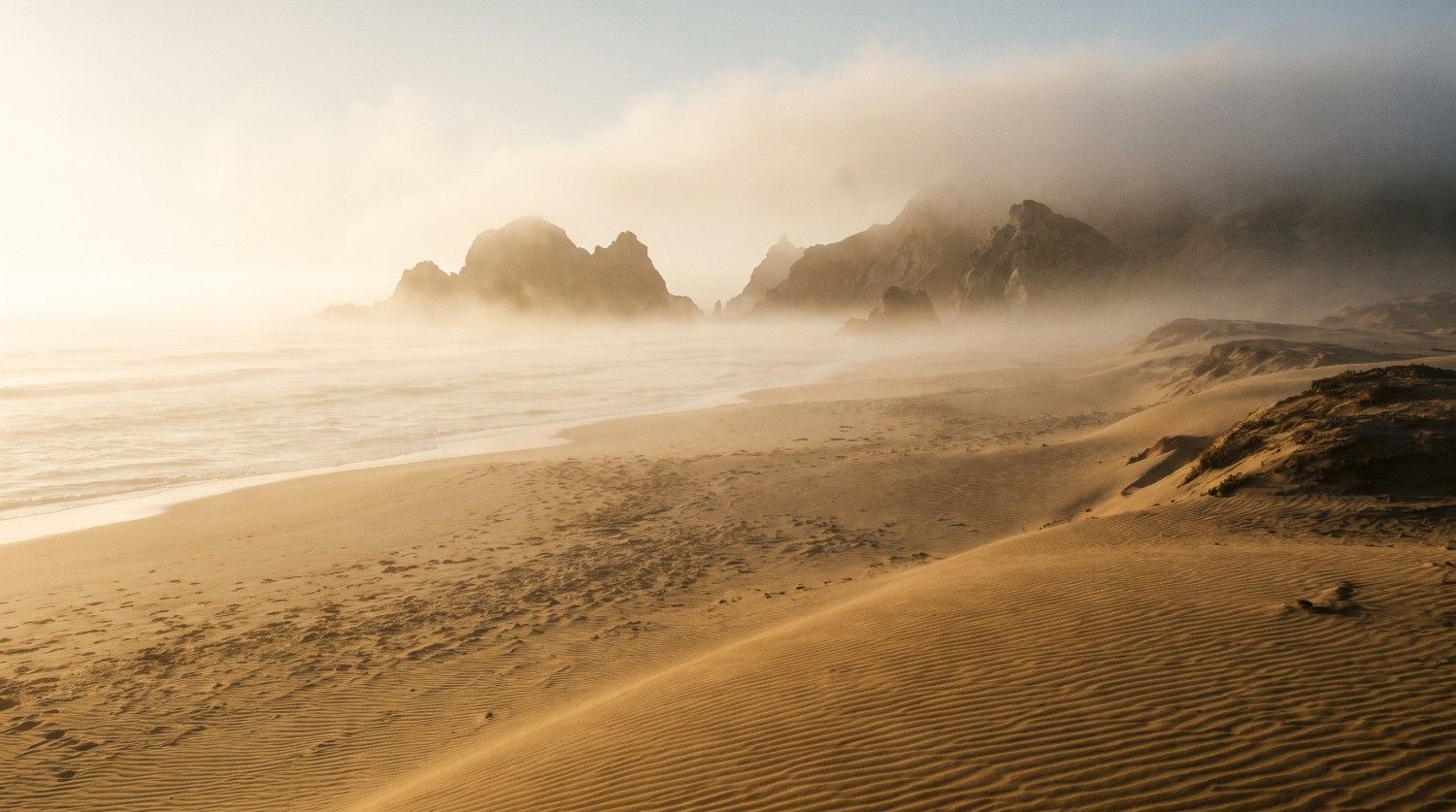 text Foggy coastal desert at sunrise