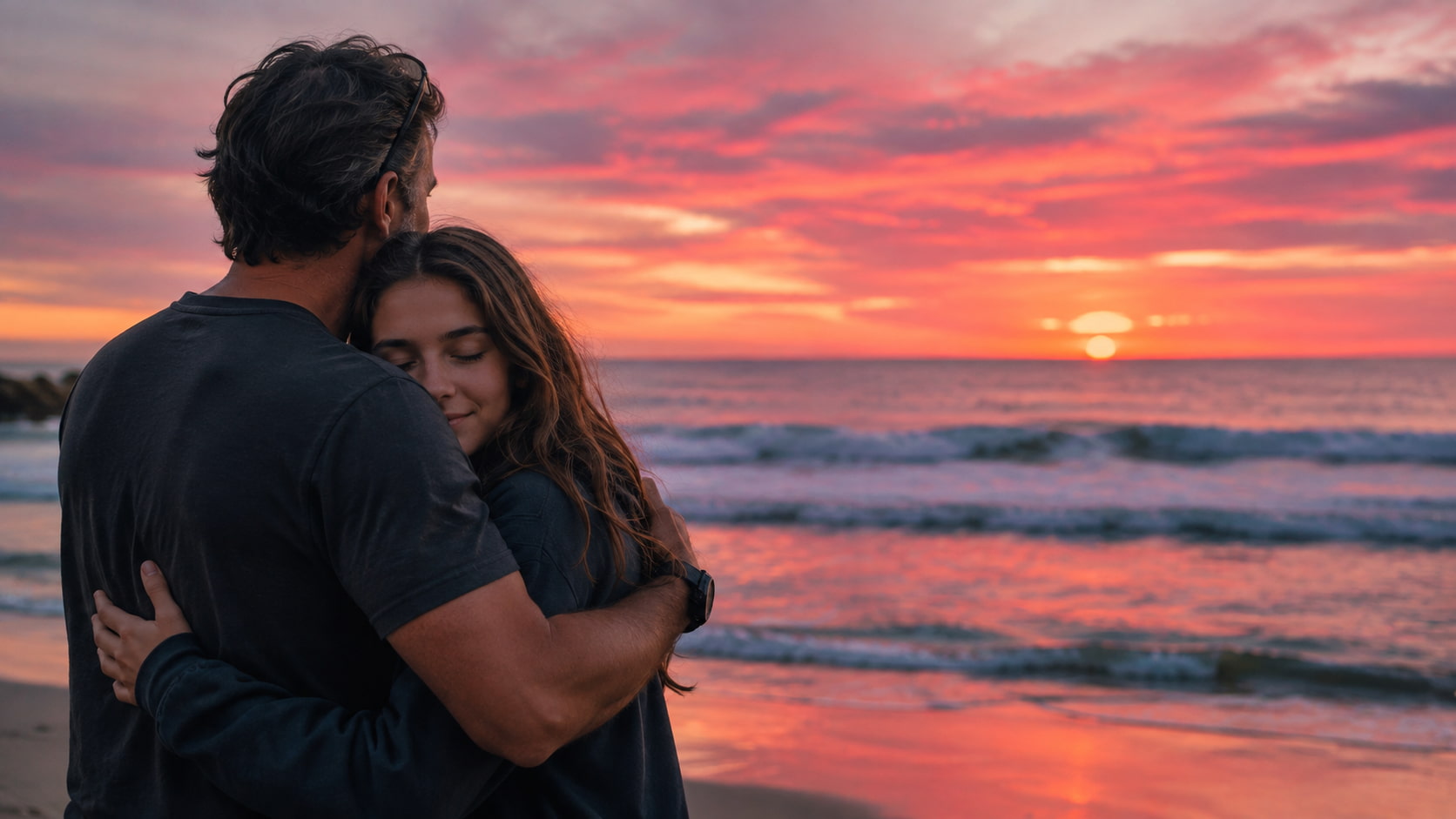 Father hugging his child at sunset