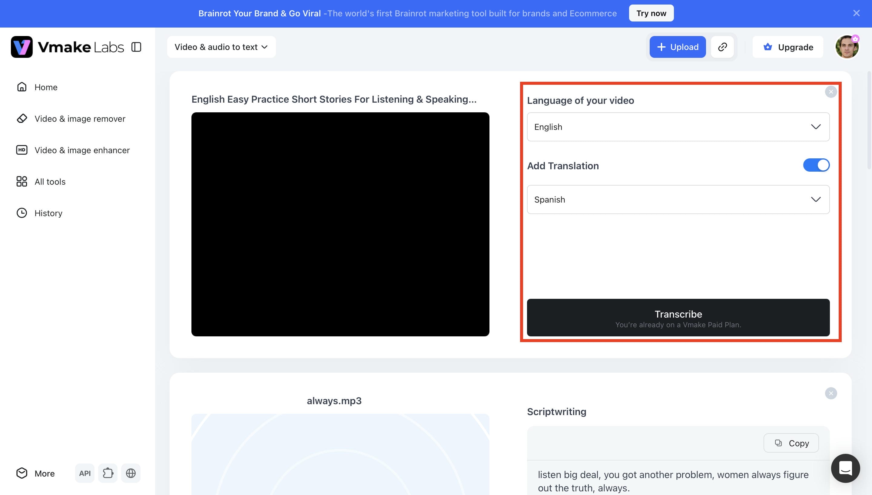 text Choose the Transcription Language