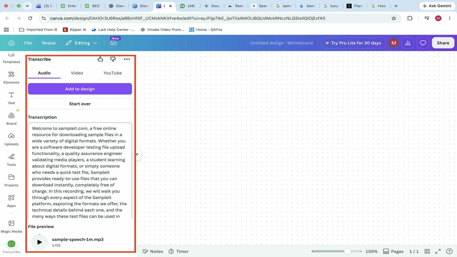 Completed transcription with Add to Design and transcript preview
