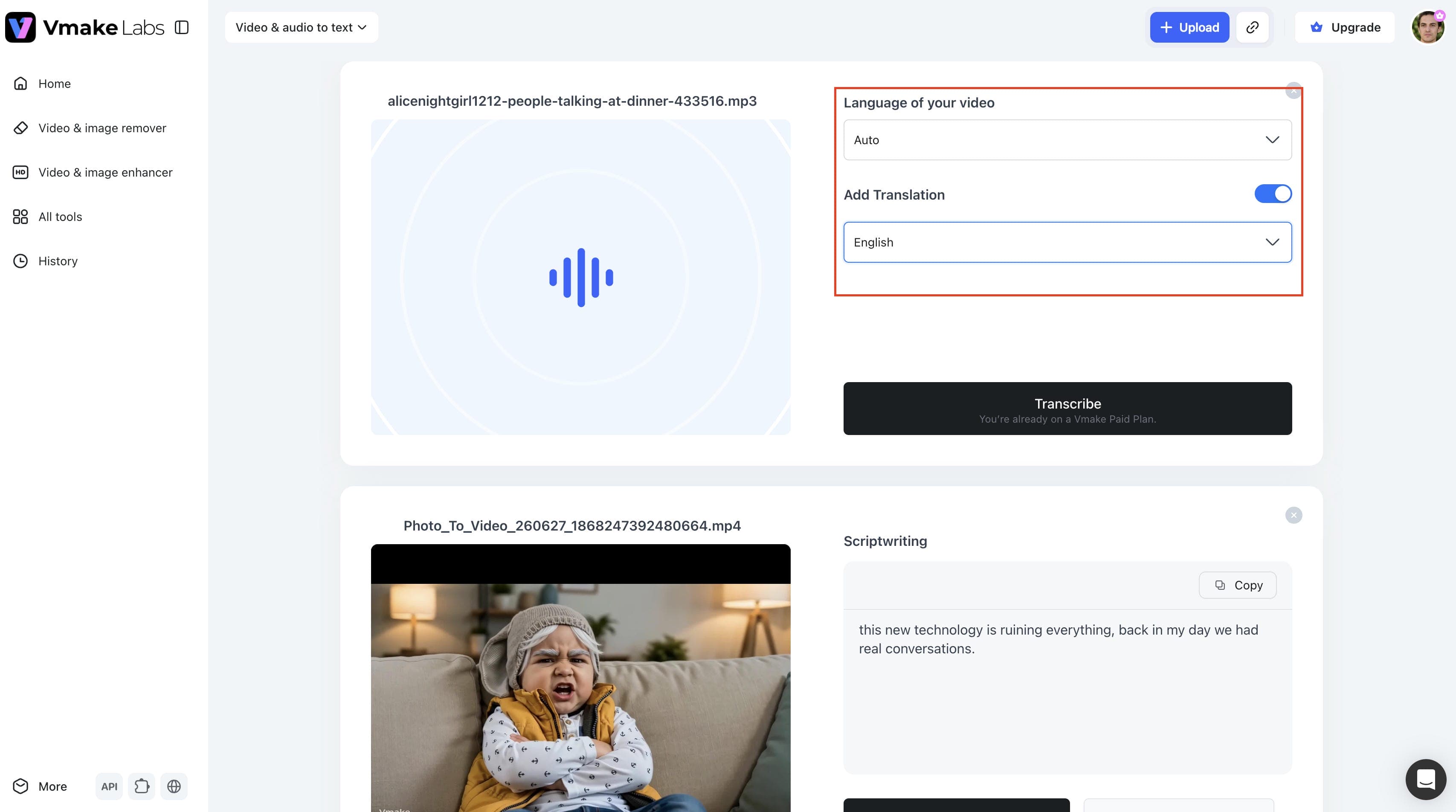 Select the transcription language and settings