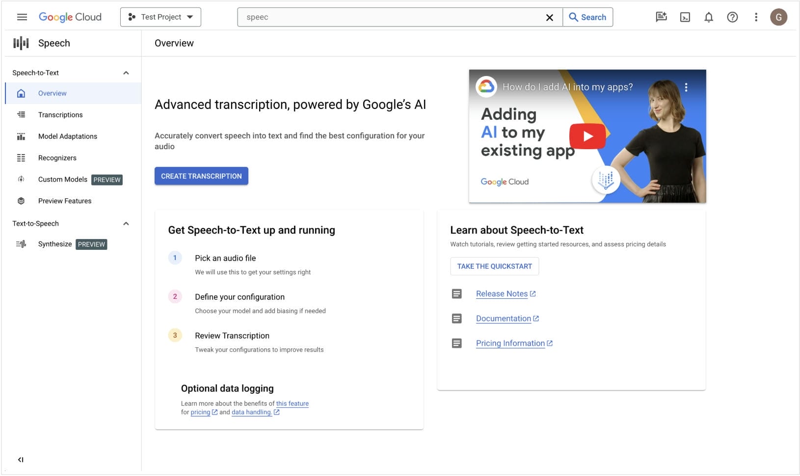 text Create a Google Cloud project and enable Speech-to-Text