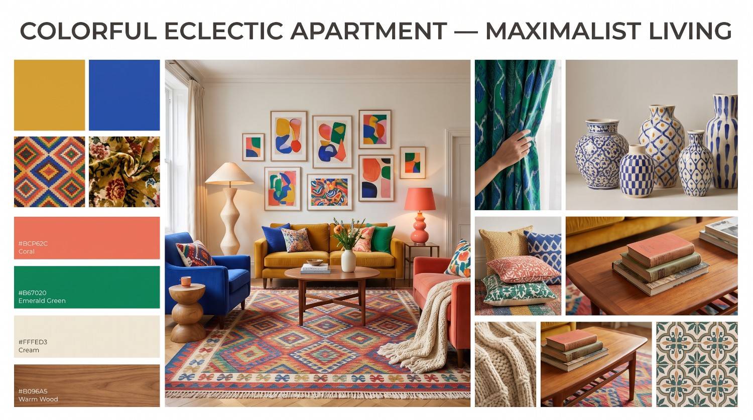 text Colorful eclectic apartment mood board