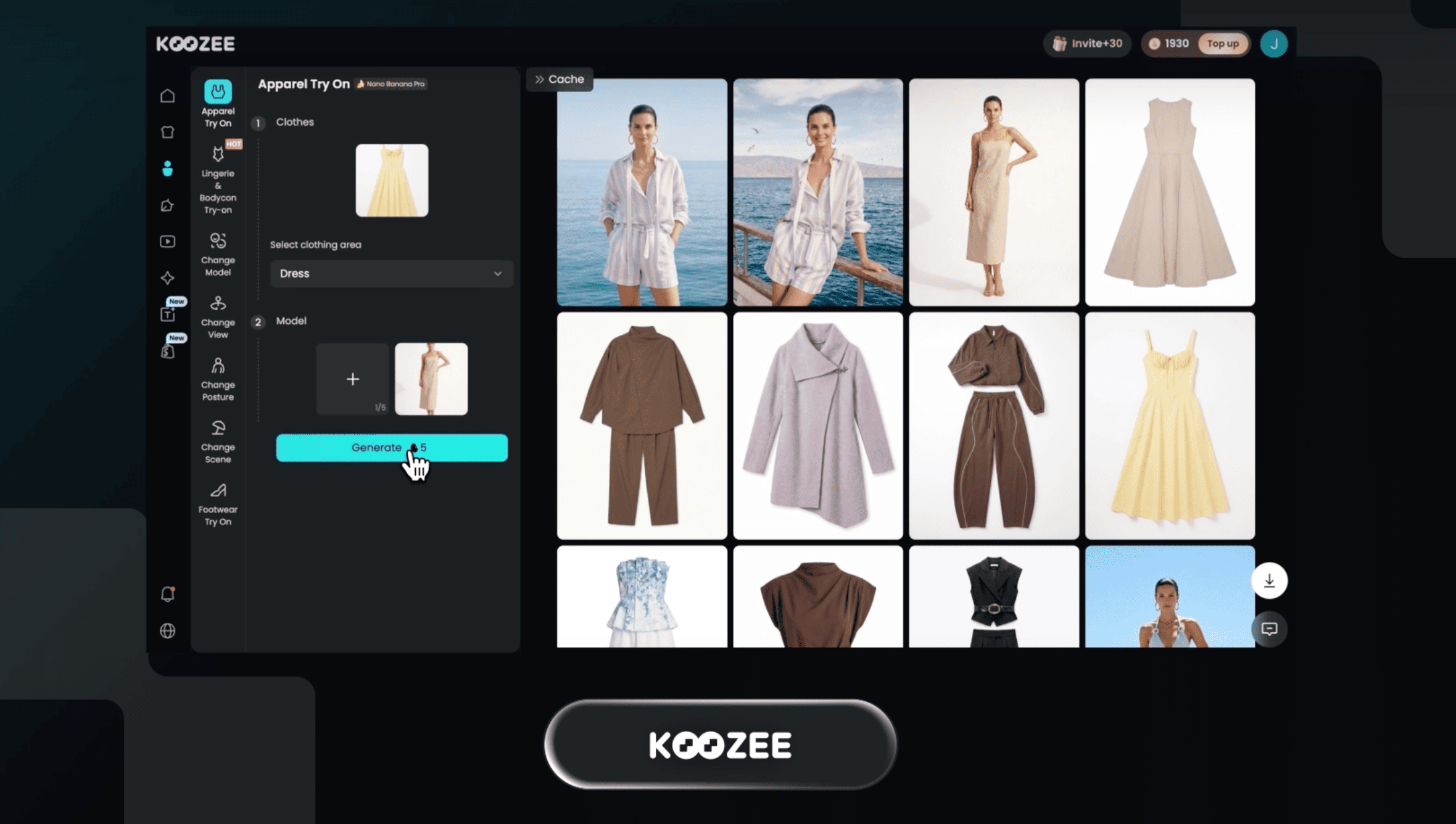 Koozee AI clothes changer showing a virtual try-on result
