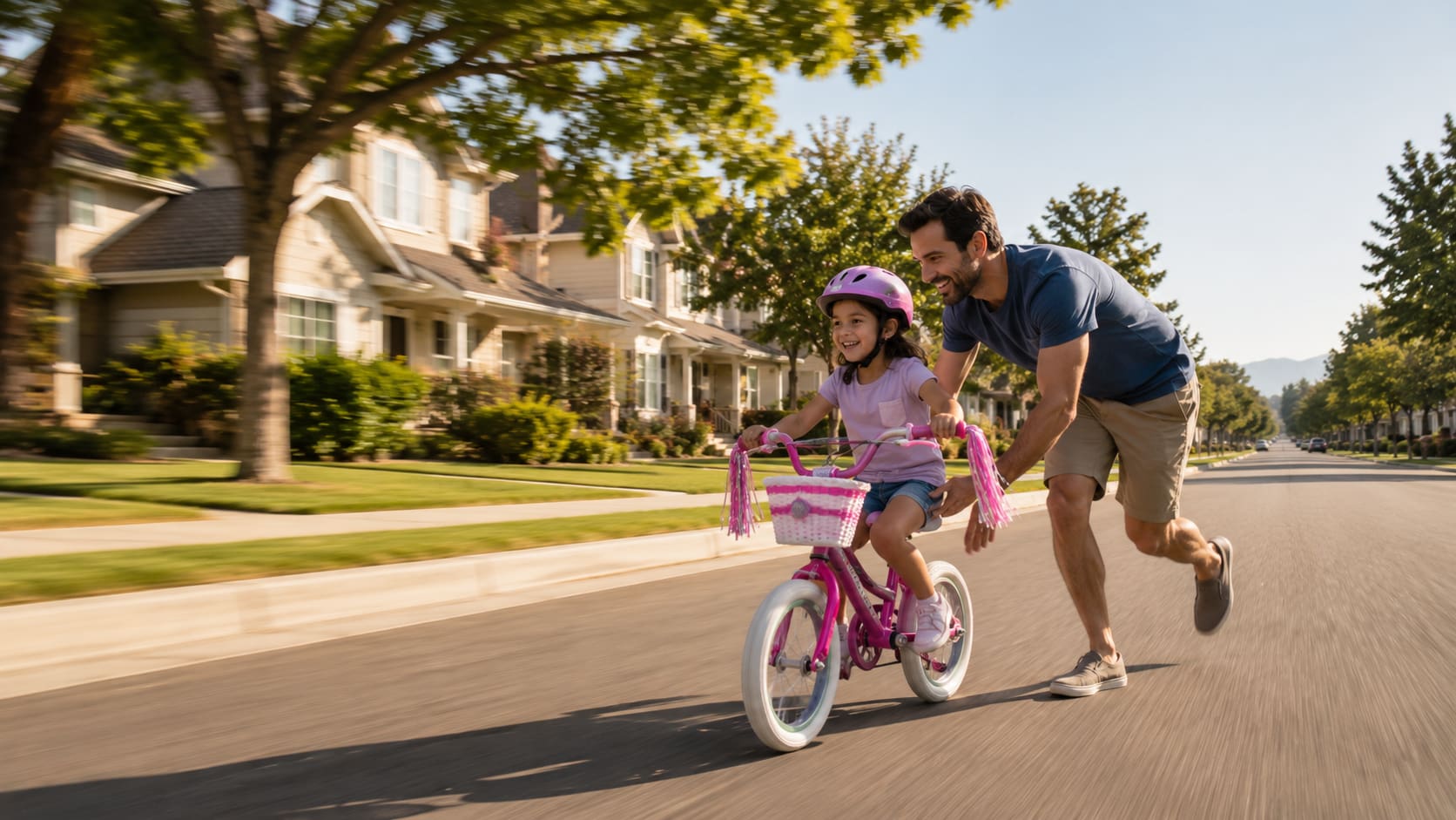 Dad is teaching his daughter to ride a bike