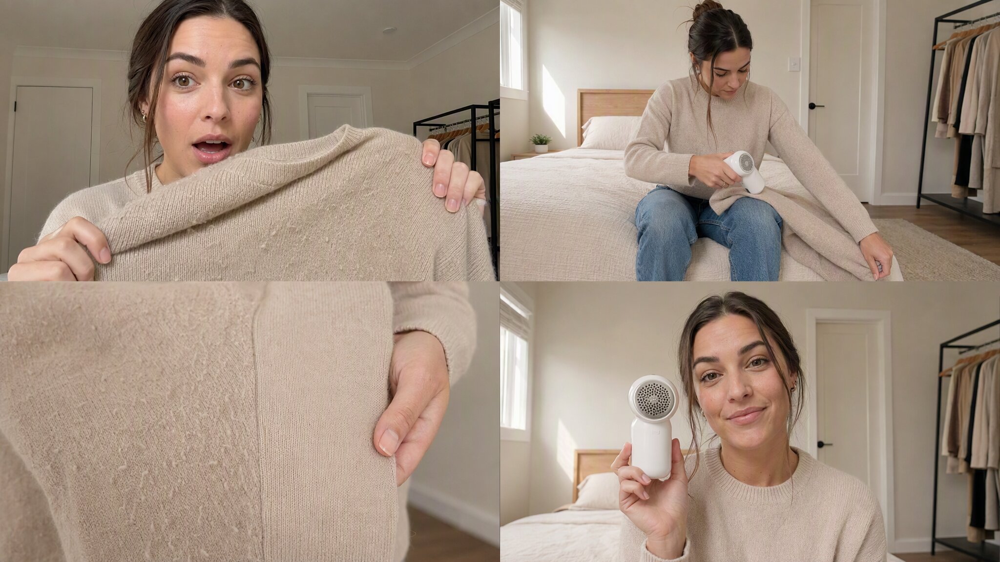 Four consecutive Seedance 2.5-style frames showing a creator demonstrating a portable fabric shaver from problem to realistic partial result.
